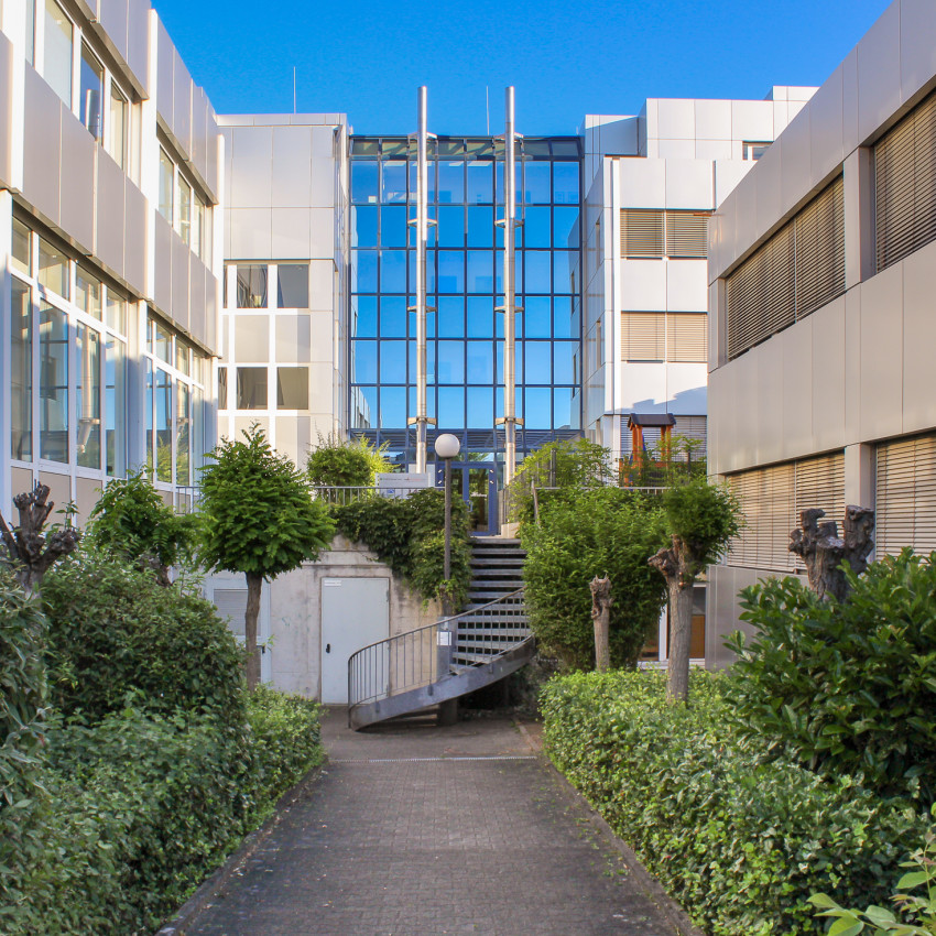Begrünter Innen- bzw. Hinterhof einer großen Immobilie mit Glassfassade